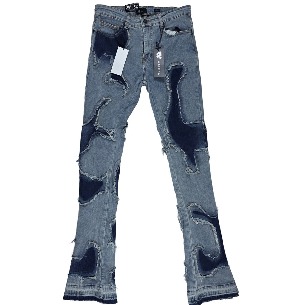Waimea Men's Stacked Fit Patchwork Distressed Jeans Blue Light Wash 32x36 NWT‎